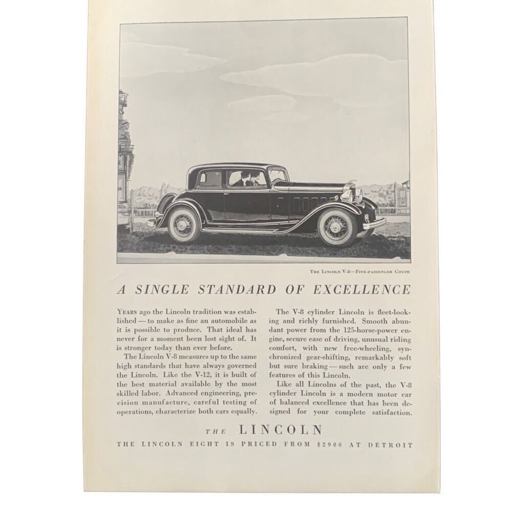 Vintage 1932 Lincoln Single Standard of Excellence Ad Advertisement